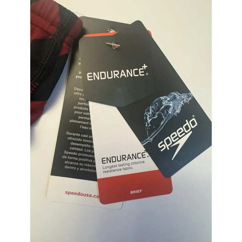 Speedo Endurance+ Swim Brief Mens 30 Red Black Print Swimsuit NWT